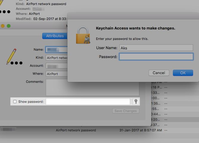 Окно показа пароля в Keychain Access на Mac