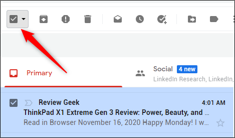 Флажок «Выбрать все» над списком писем