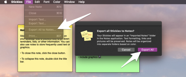Экспорт всех заметок Stickies в приложение «Заметки»