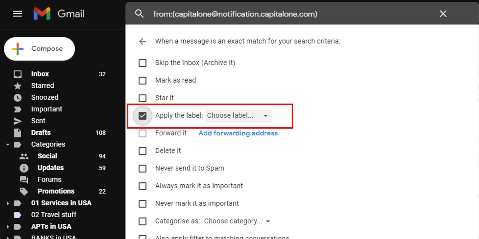 Выбор и применение метки в Gmail