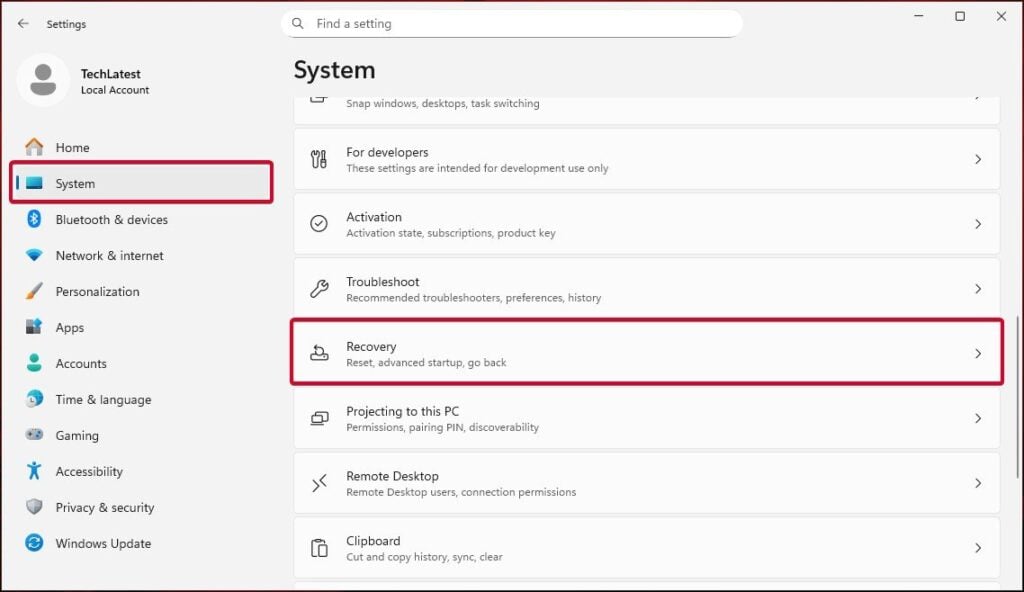 Экран «Система» Восстановление в Windows 11