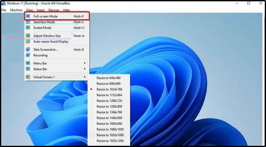 Параметр Full-screen Mode в VirtualBox