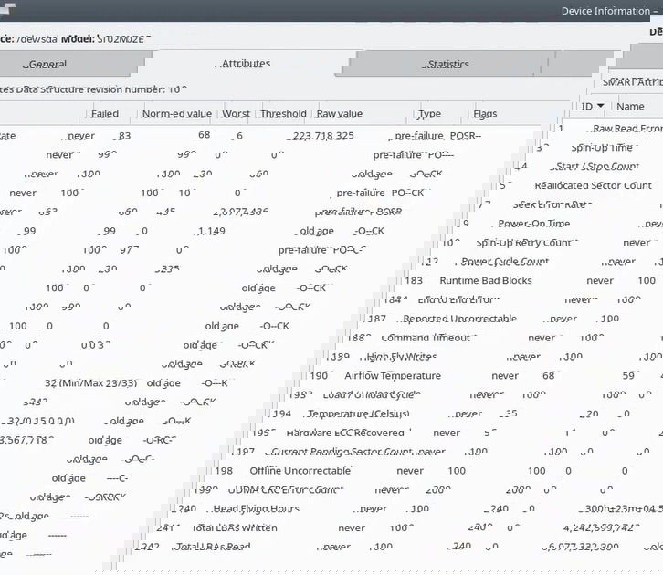 Результаты тестов в GSmartControl с таблицей атрибутов.