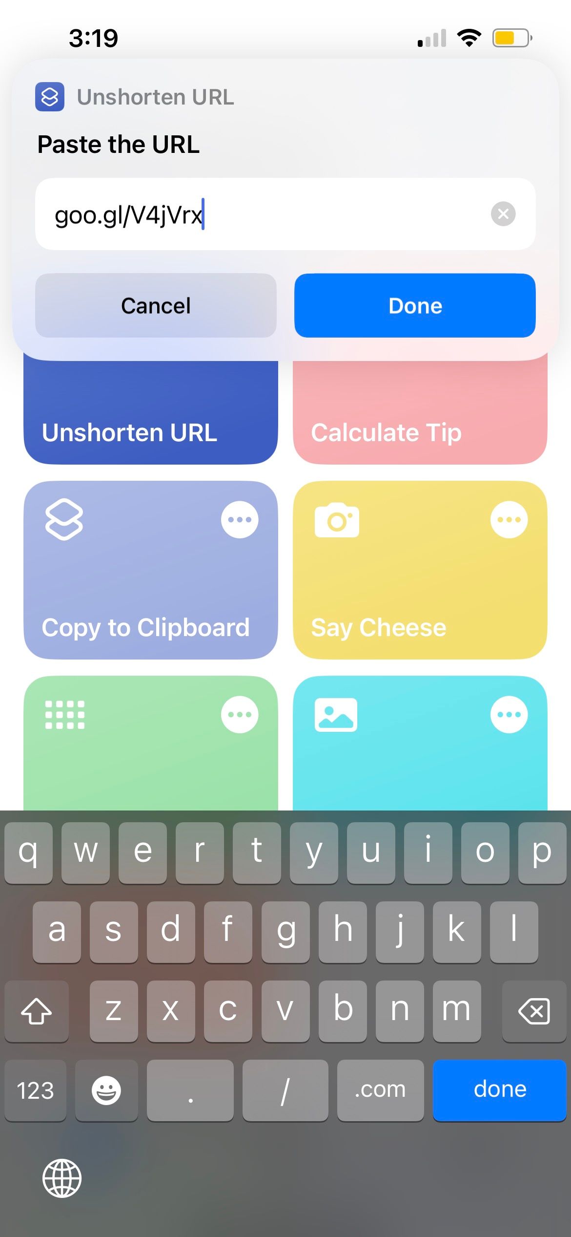 paste shortened url to unshorten link iphone shortcut