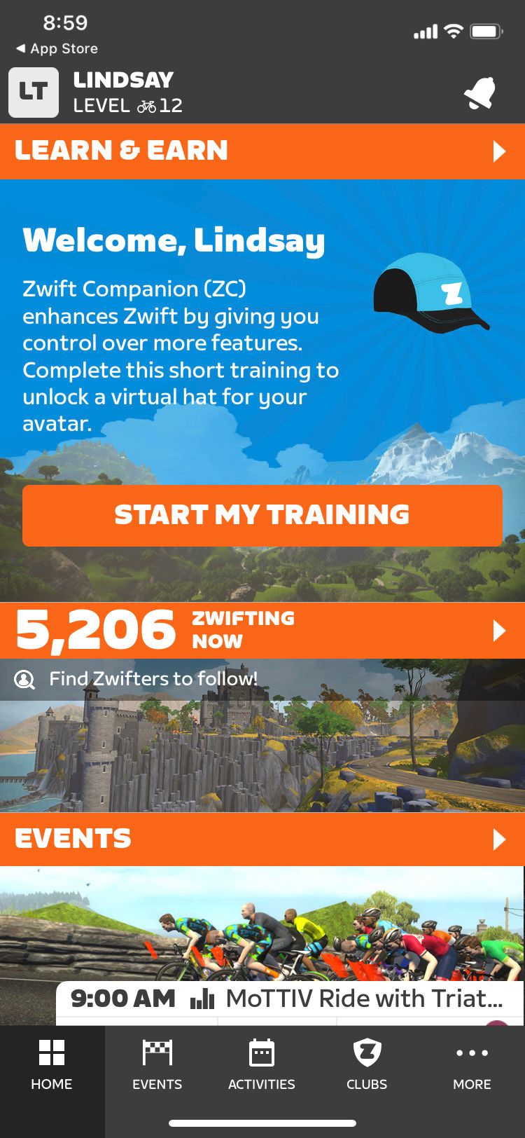 Zwift Companion app training start screen