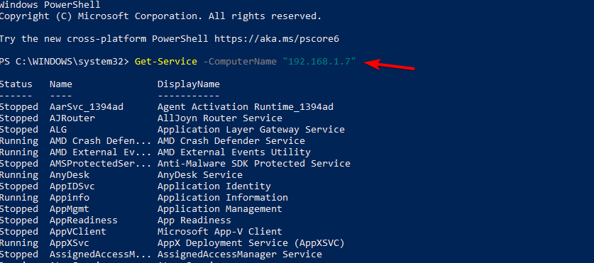 пример вывода Get-Service -ComputerName