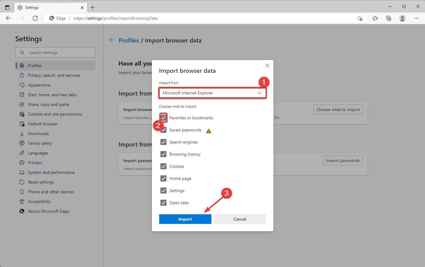 Диалог импорта: выбор Microsoft Internet Explorer и опция 'Избранное'