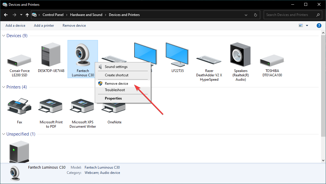 Удаление устройства камеры в Панели управления Windows