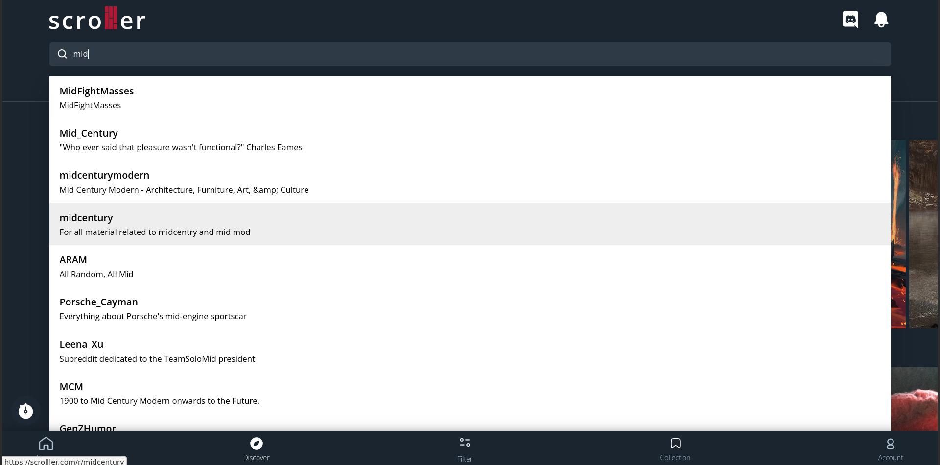 Поле поиска Scrolller с подсказками сабреддитов