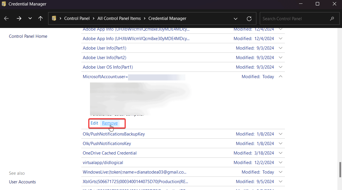 скриншот удаления учётной записи в диспетчере учётных данных