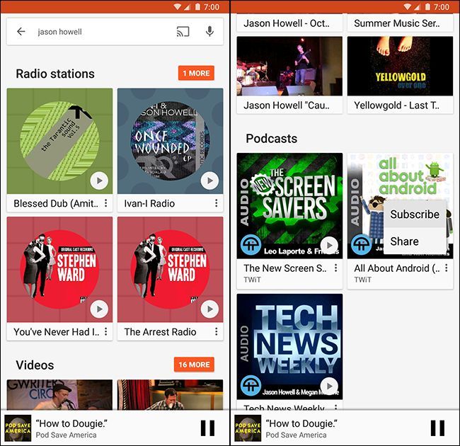 Список результатов поиска с разделом подкастов