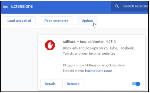 Modo desenvolvedor e opção atualizar extensões