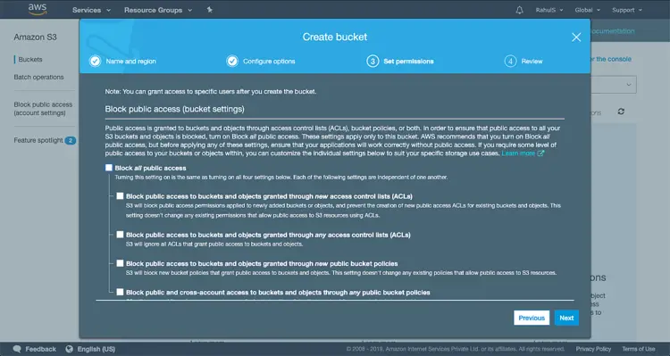 Разрешение публичного доступа к бакету S3