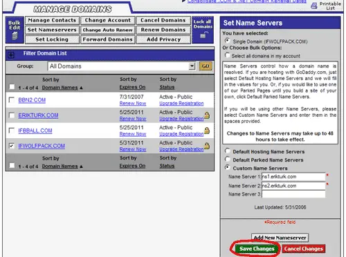 GoDaddy: форма Set Name Servers с полями Custom Name Servers