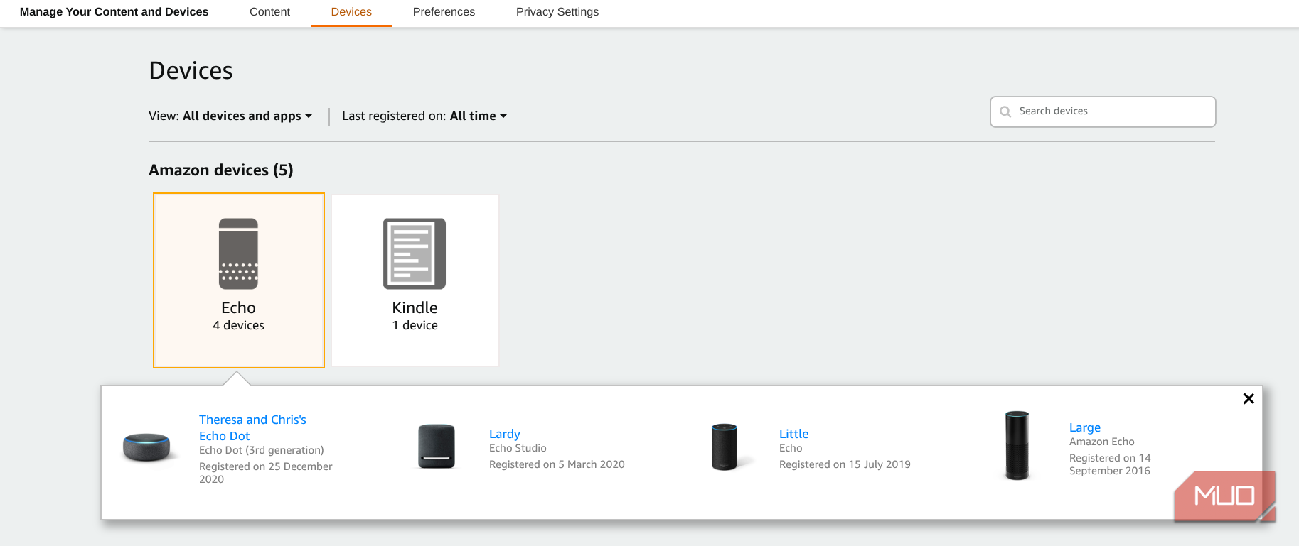 The page to manage your Echo devices on Amazon