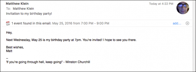Уведомление Mail о найденном событии и кнопка Добавить