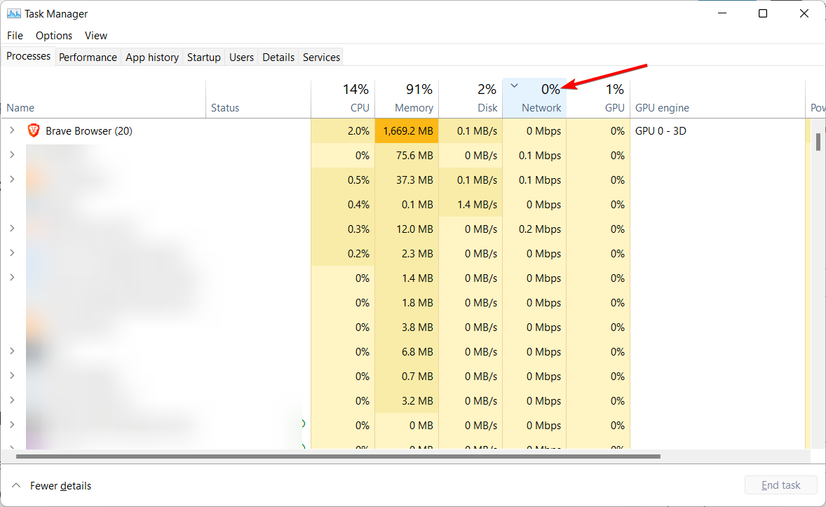 Диспетчер задач — сортировка по использованию сети
