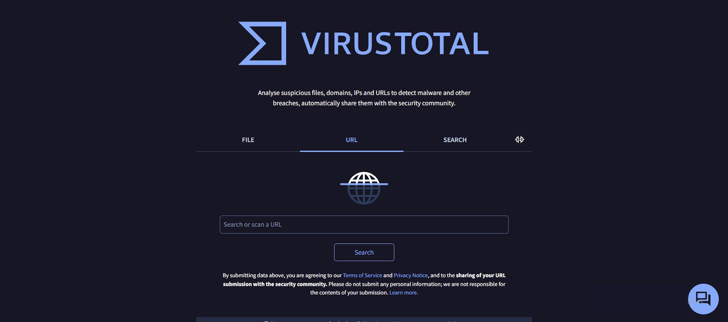 Интерфейс VirusTotal с полями поиска URL и вкладками файлов и поиска