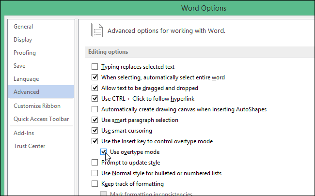 Включение режима замены и использование клавиши Insert в параметрах Word