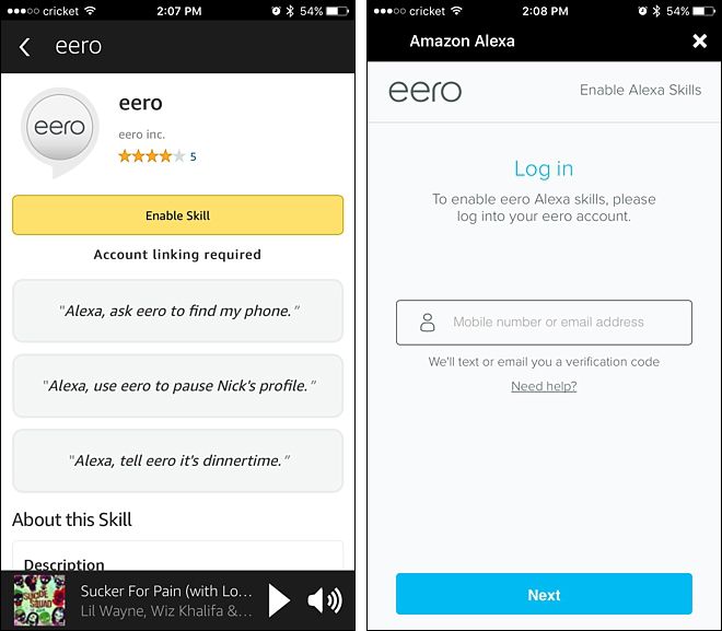 Пример экрана установки навыка Eero в приложении Alexa