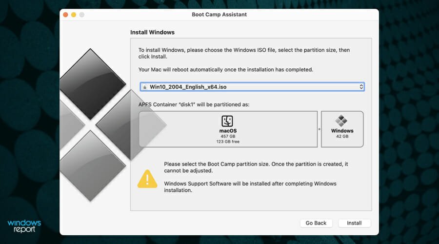 Кнопка Install в Boot Camp