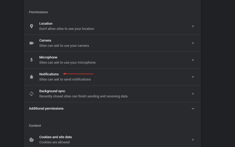 Раздел разрешений с пунктом уведомления в Chrome