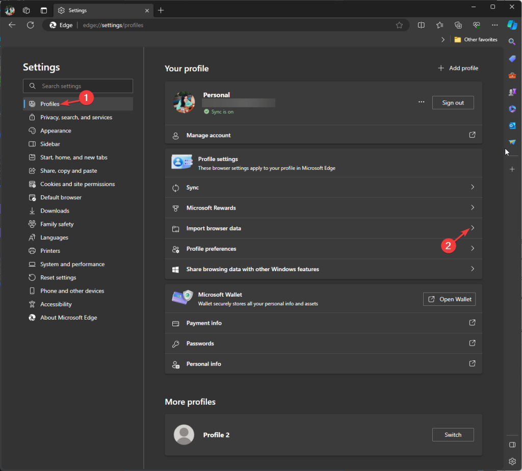 Импорт данных в профиле Edge
