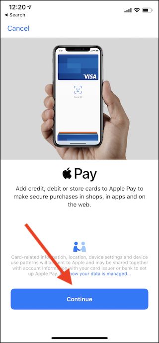 Экран с описанием Apple Pay и кнопкой Продолжить