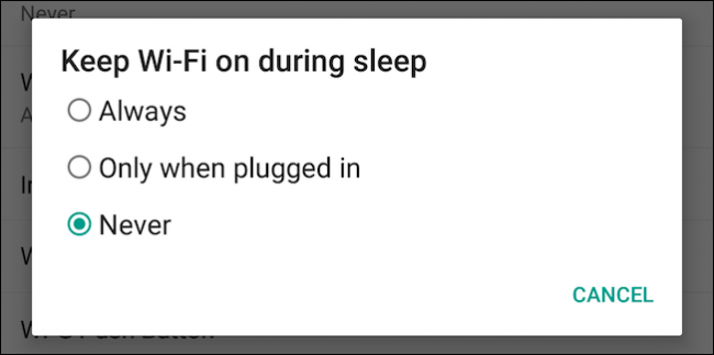 Impostazione Mantieni Wi‑Fi durante sospensione su Android