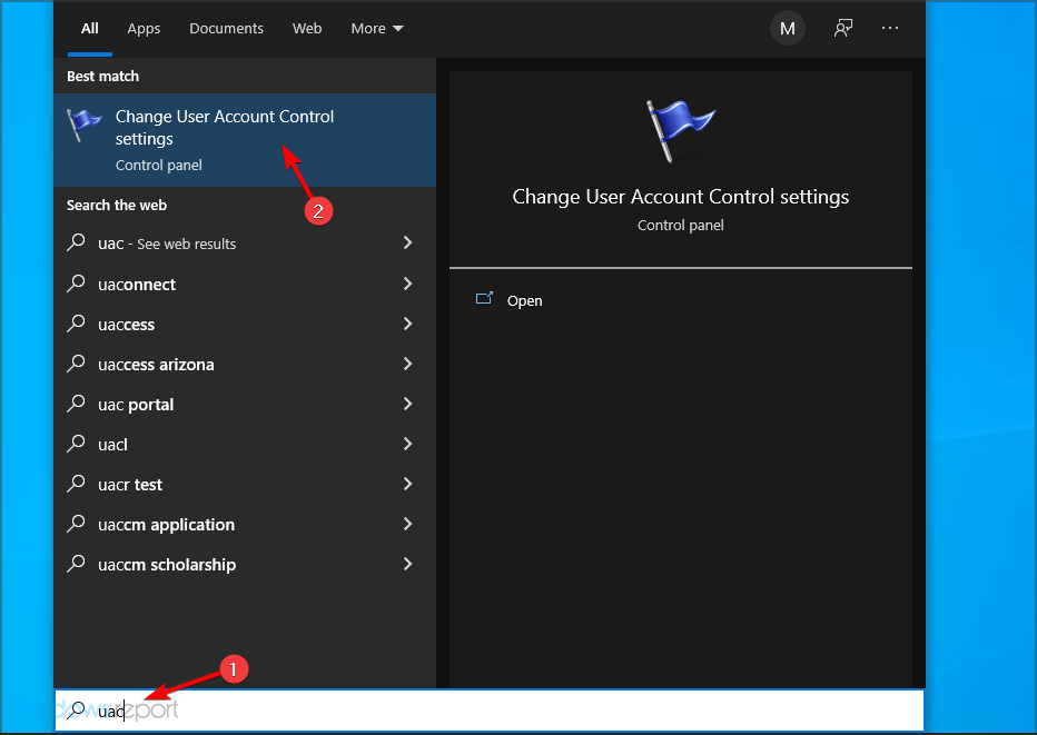 Окно поиска uac и результат — изменение параметров UAC