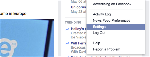 Окно настроек Facebook