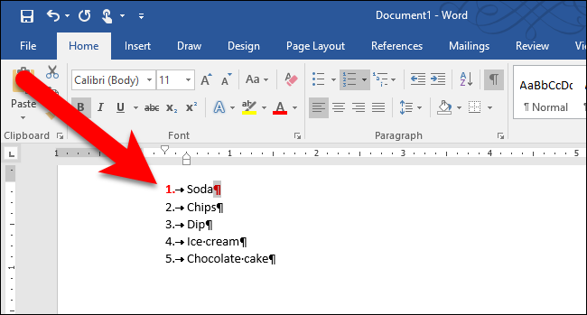 Пример списка: первый номер стал красным и жирным