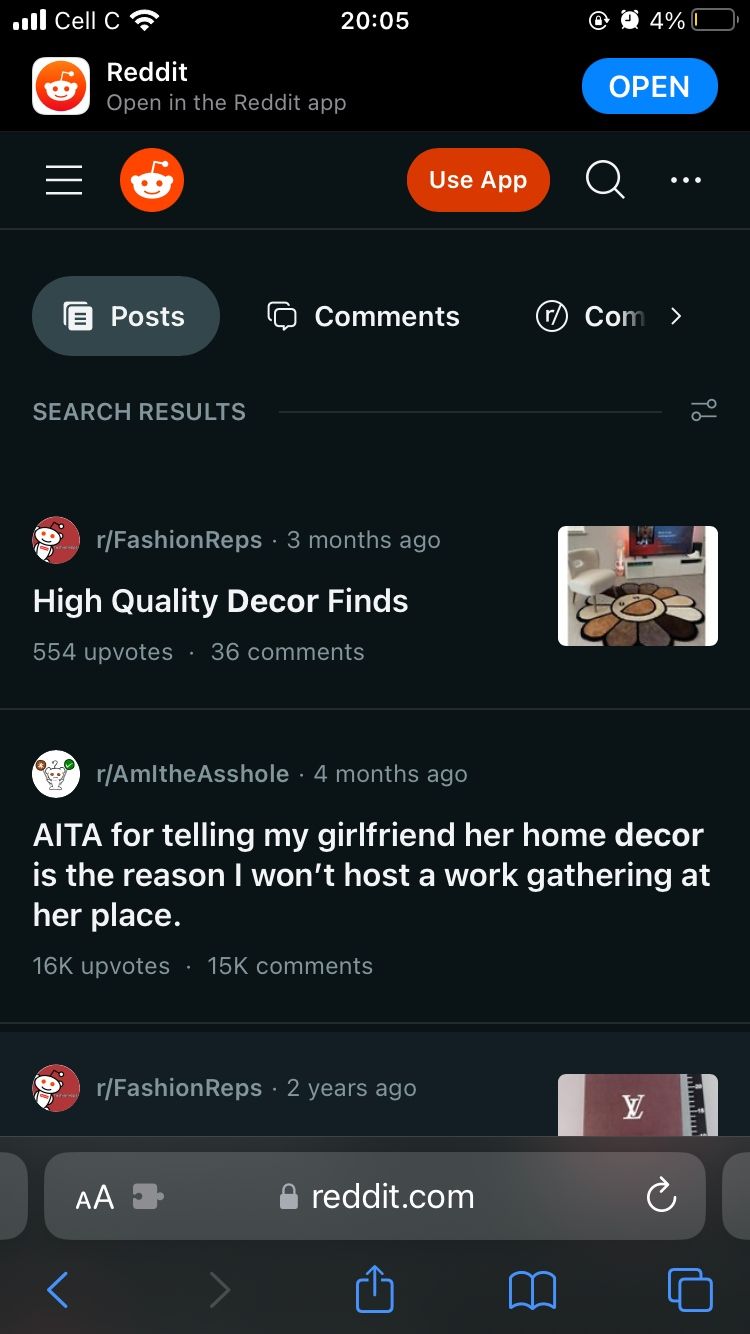 результаты поиска декора на мобильном вебе Reddit