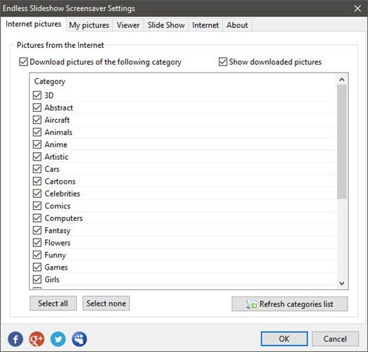 Настройки Endless Slideshow Screensaver с раскрытым меню опций