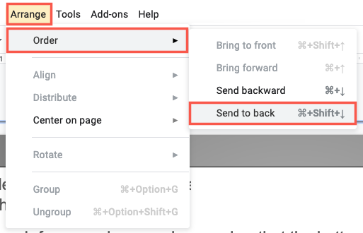 Команда Отправить назад в меню Упорядочить