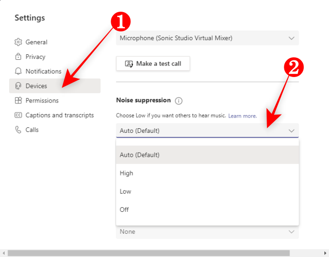 Раздел Устройства в настройках Teams с опцией Подавление шума