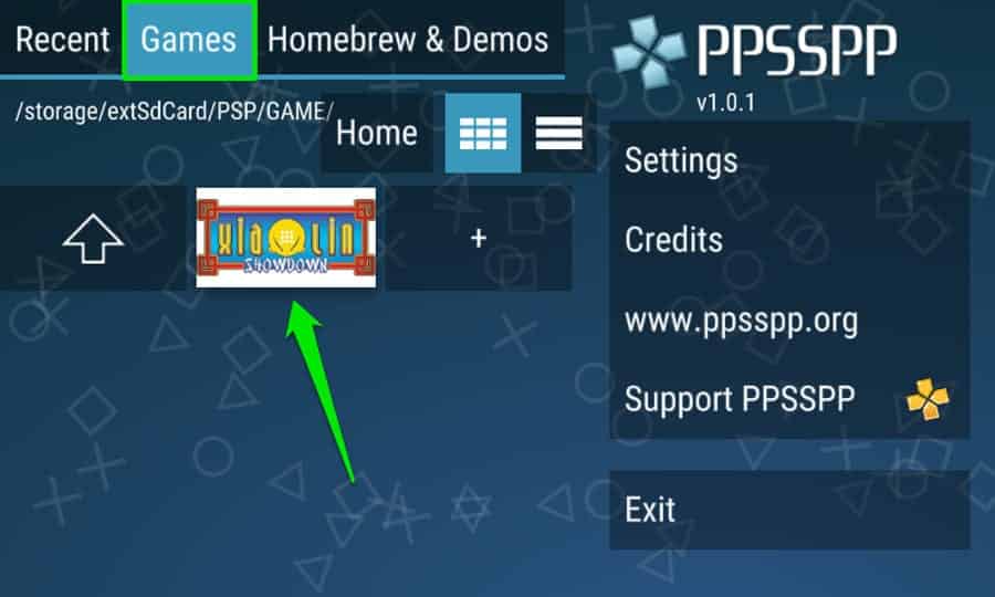 Schermata dell'interfaccia dell'emulatore PPSSPP che mostra la lista dei giochi
