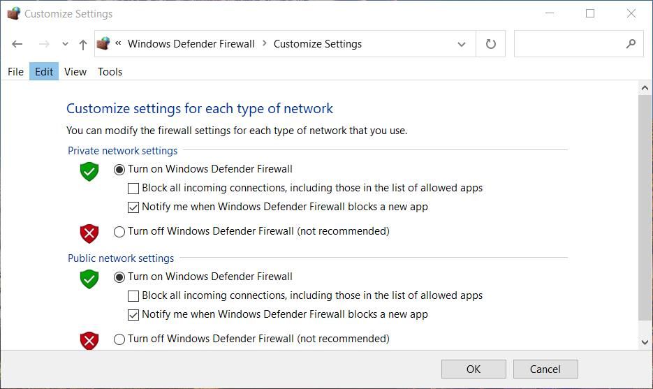 Опция отключения Защитника Windows Firewall
