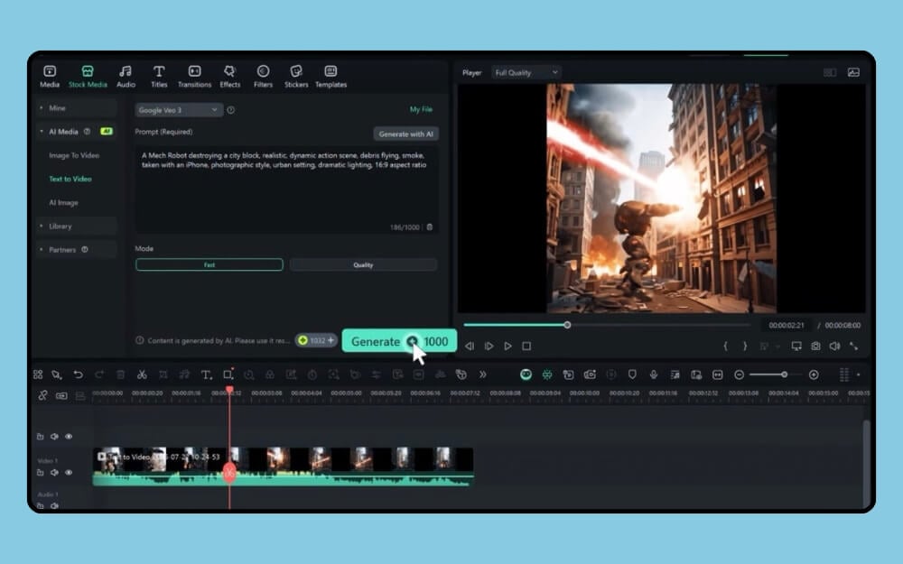 Добавление сгенерированного клипа на таймлайн Filmora