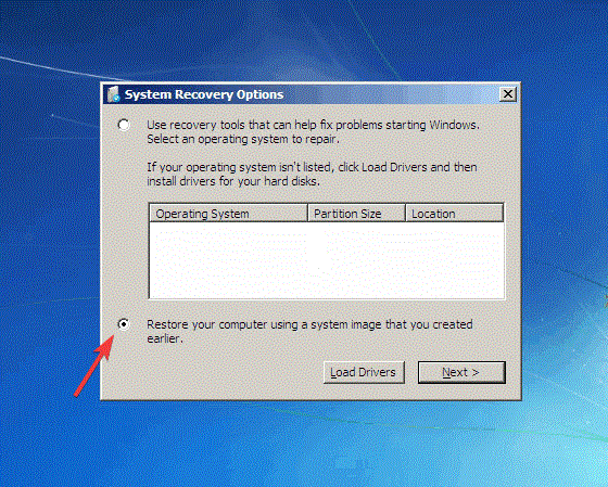 Опция восстановления системы из образа в меню восстановления Windows 7