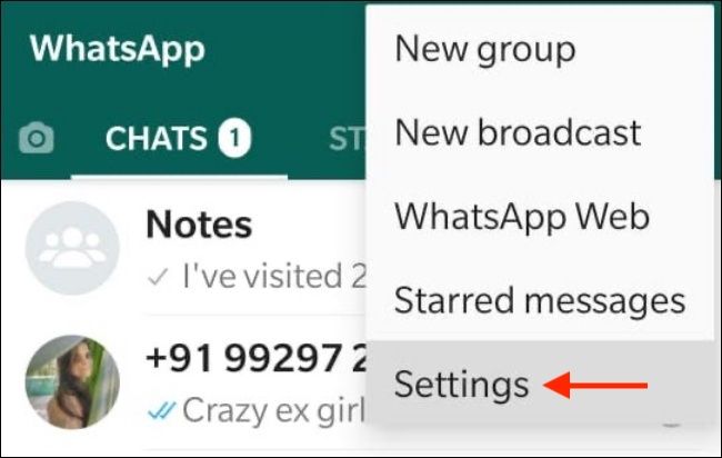 Выберите «Настройки» в меню WhatsApp
