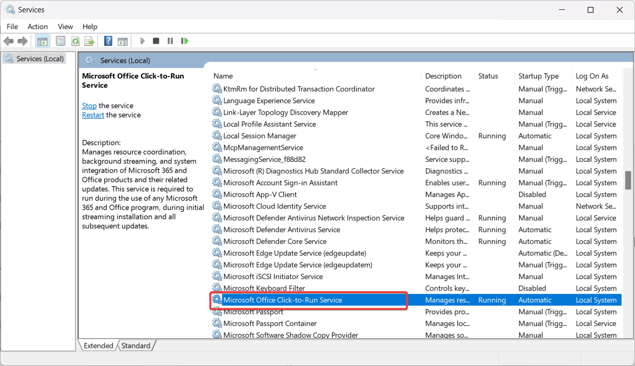 скриншот службы Microsoft Office Click-to-Run в списке служб