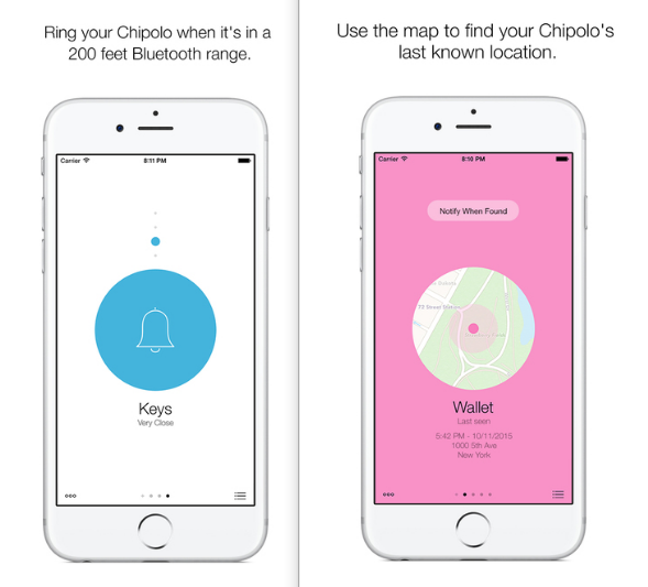 Яркий круглый трекер Chipolo на бирке чемодана