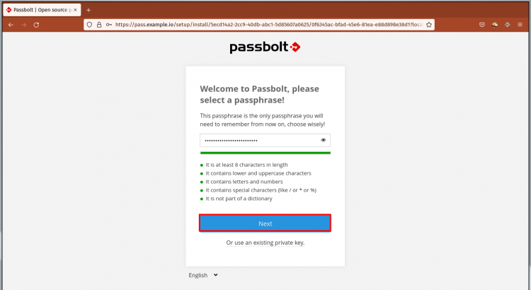 Ввод пары парольной фразы для ключа Passbolt