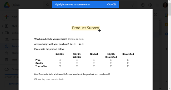 Инструмент выделения области для комментария