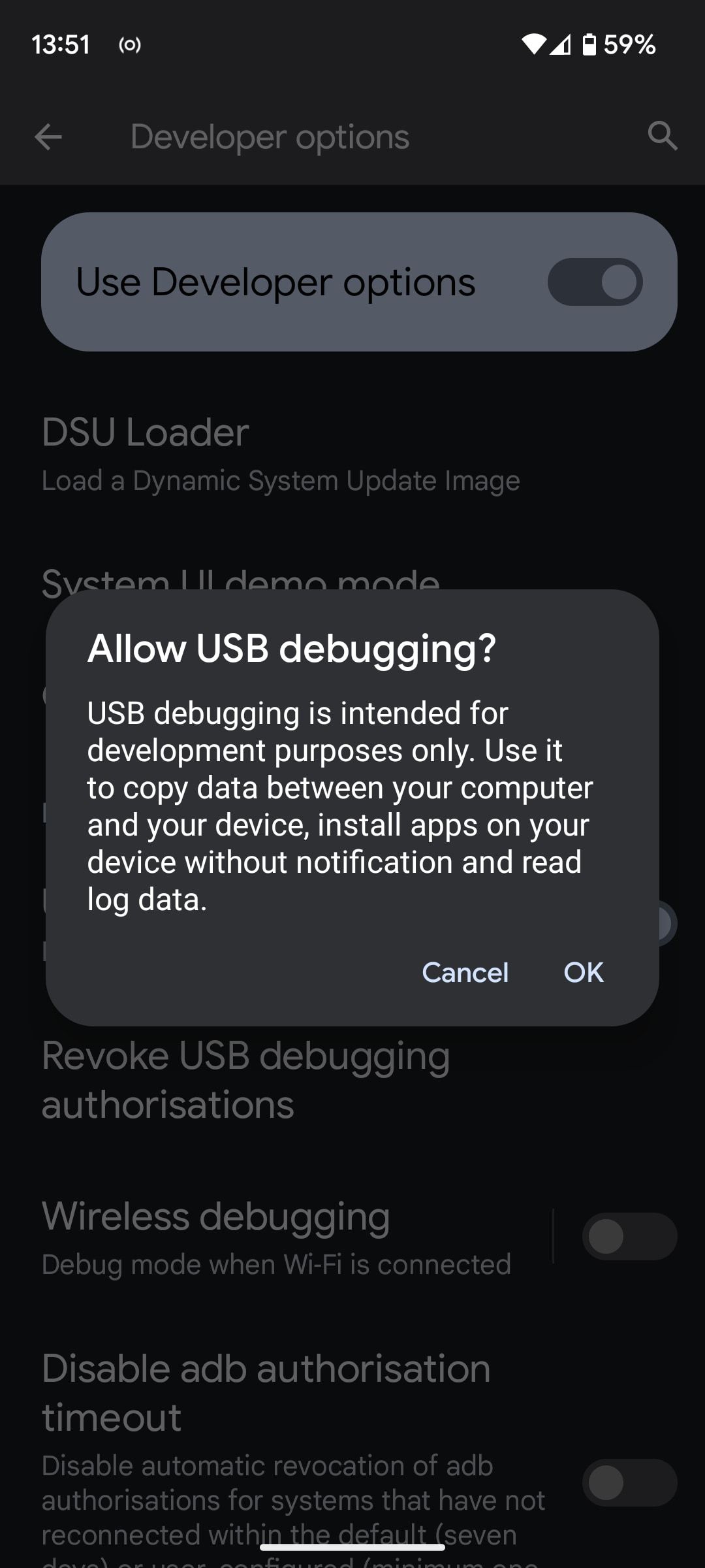 Подтверждение разрешения USB‑отладки на устройстве