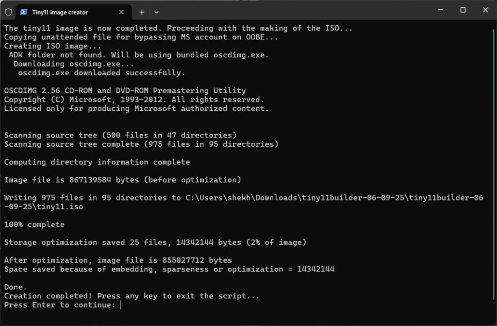 Tiny11 Process Completion
