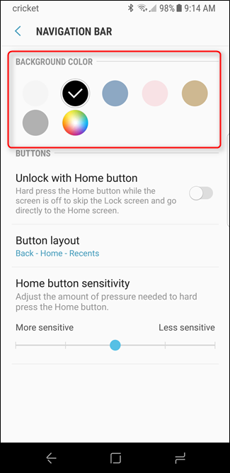 Скриншот: выбор цвета панели навигации