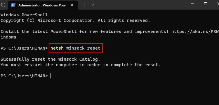Сброс каталога Winsock в командной строке Windows