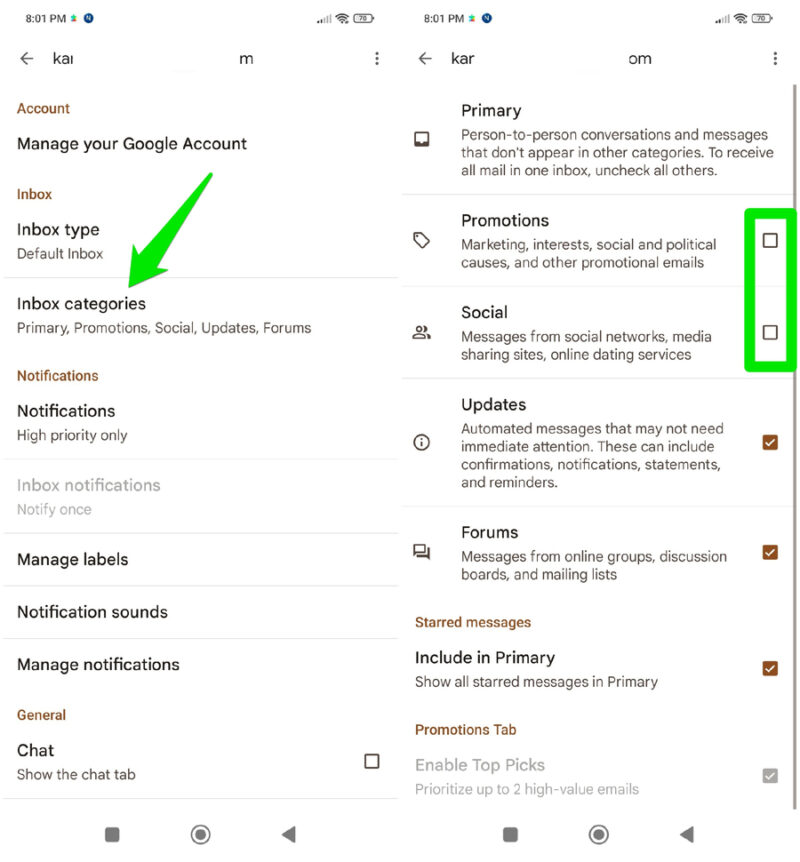 Мобильное приложение Gmail: отключены вкладки 'Промоакции' и 'Социальные'
